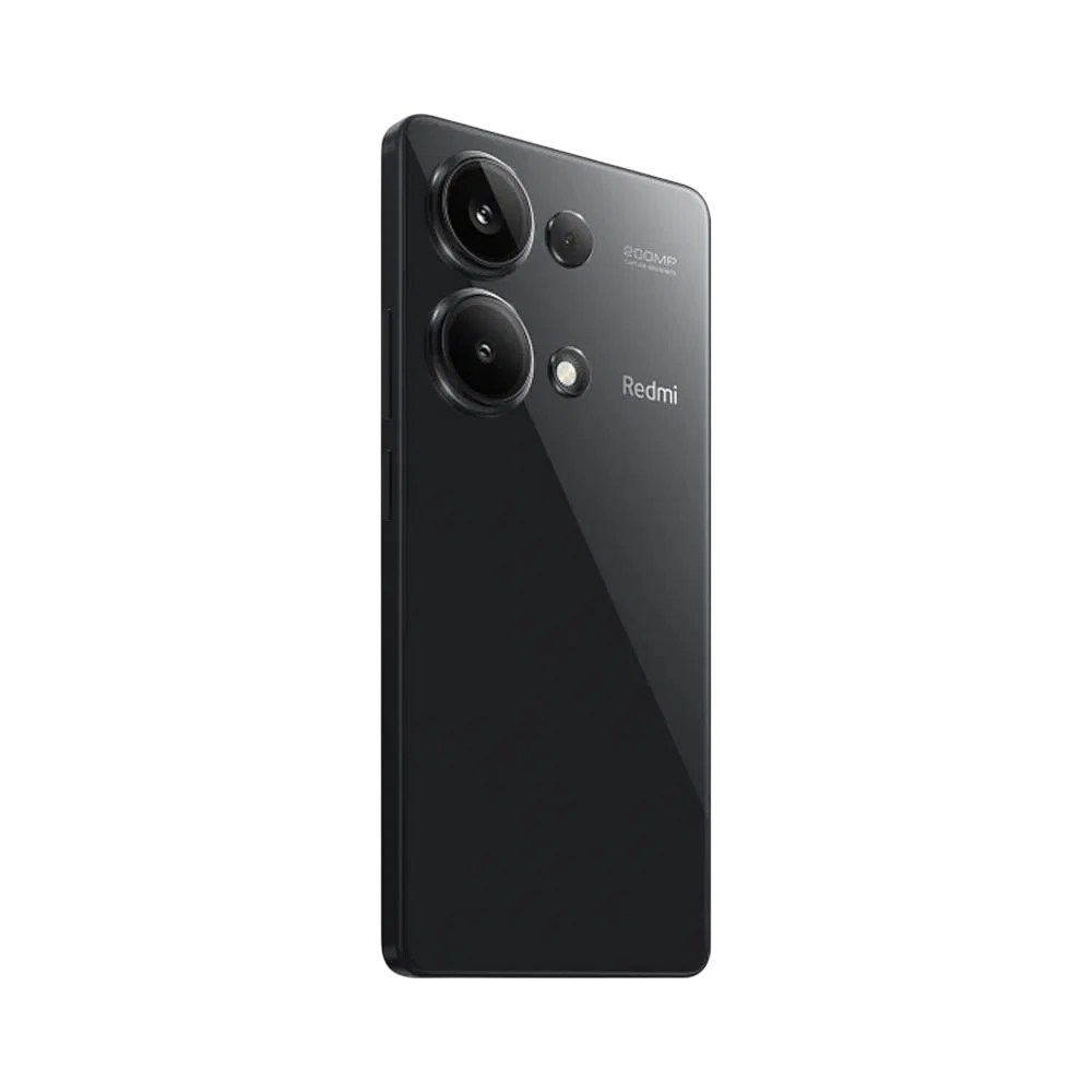 Xiaomi Redmi Note 13 Pro 4G siyah akıllı telefon, arka yüzey ve üçlü kamera modülü yakın plan görünüm