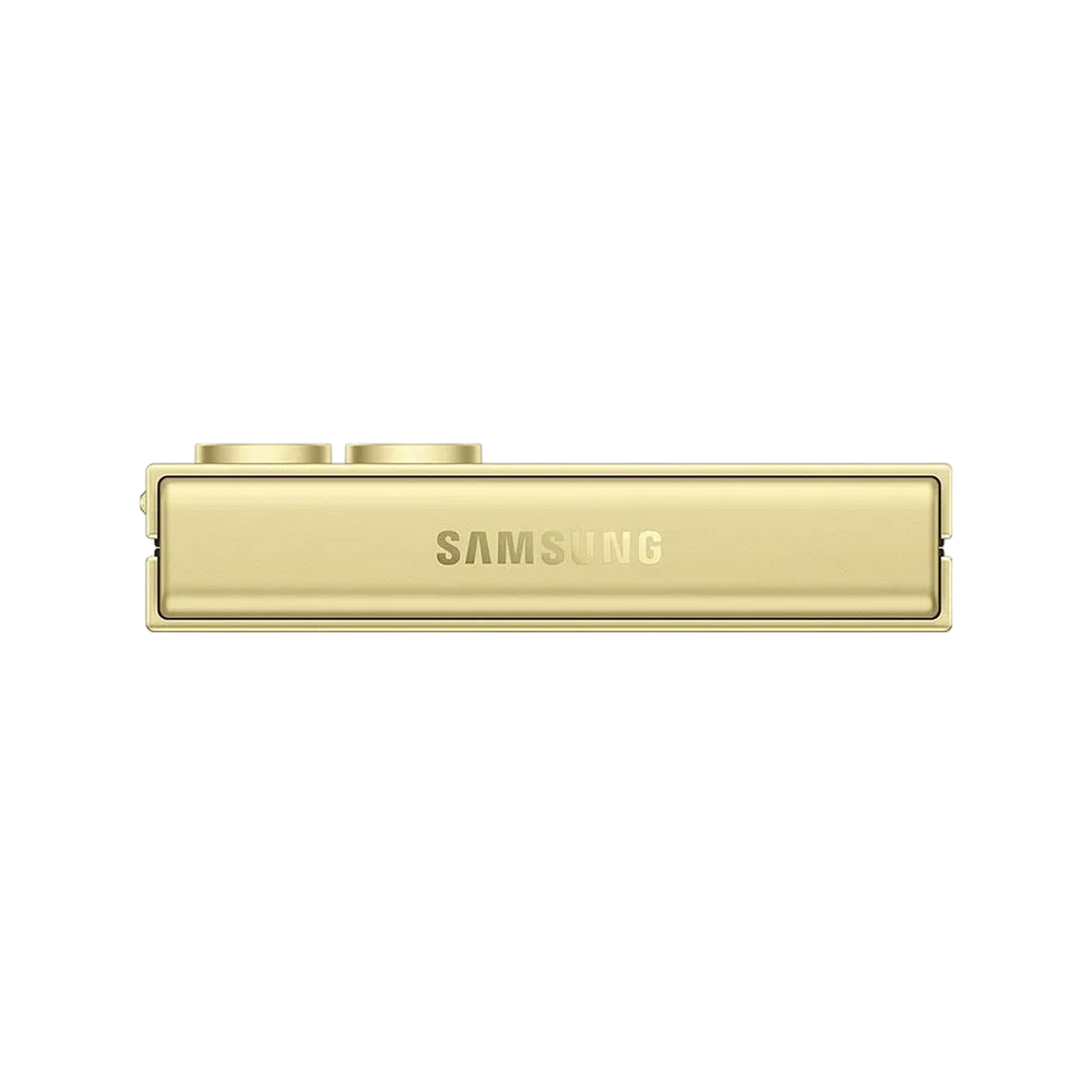 Sarı Samsung Galaxy Z Flip6 katlanabilir akıllı telefonun kapalı hâli, yan görünüm ve Samsung logosu