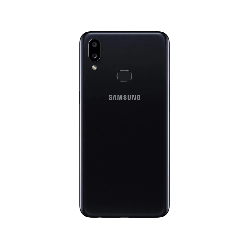 Samsung Galaxy A10s siyah akıllı telefonun arka yüzü; çift kamera ve parmak izi okuyucu detaylı tasarım