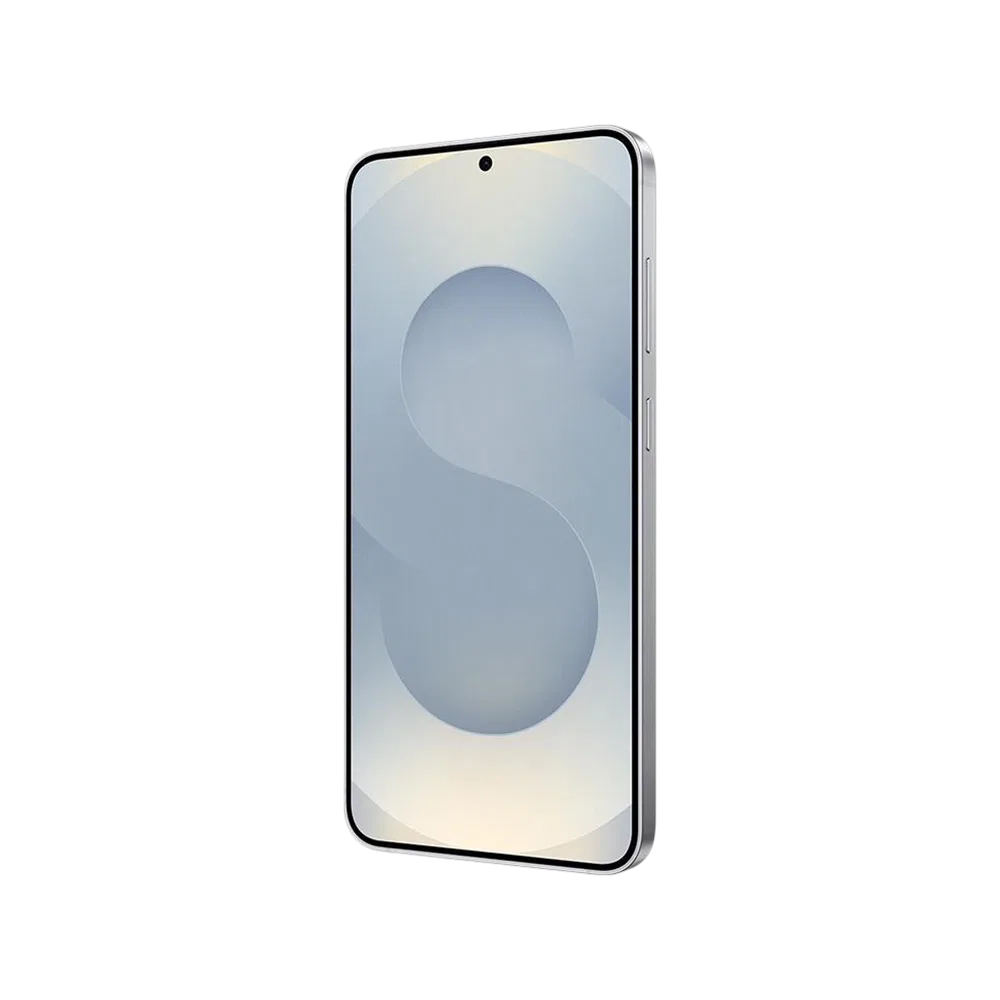 Gümüş Samsung Galaxy S25 Plus akıllı telefonun önden görünümü, ince çerçeveli ekran ve ortada kamera deliği