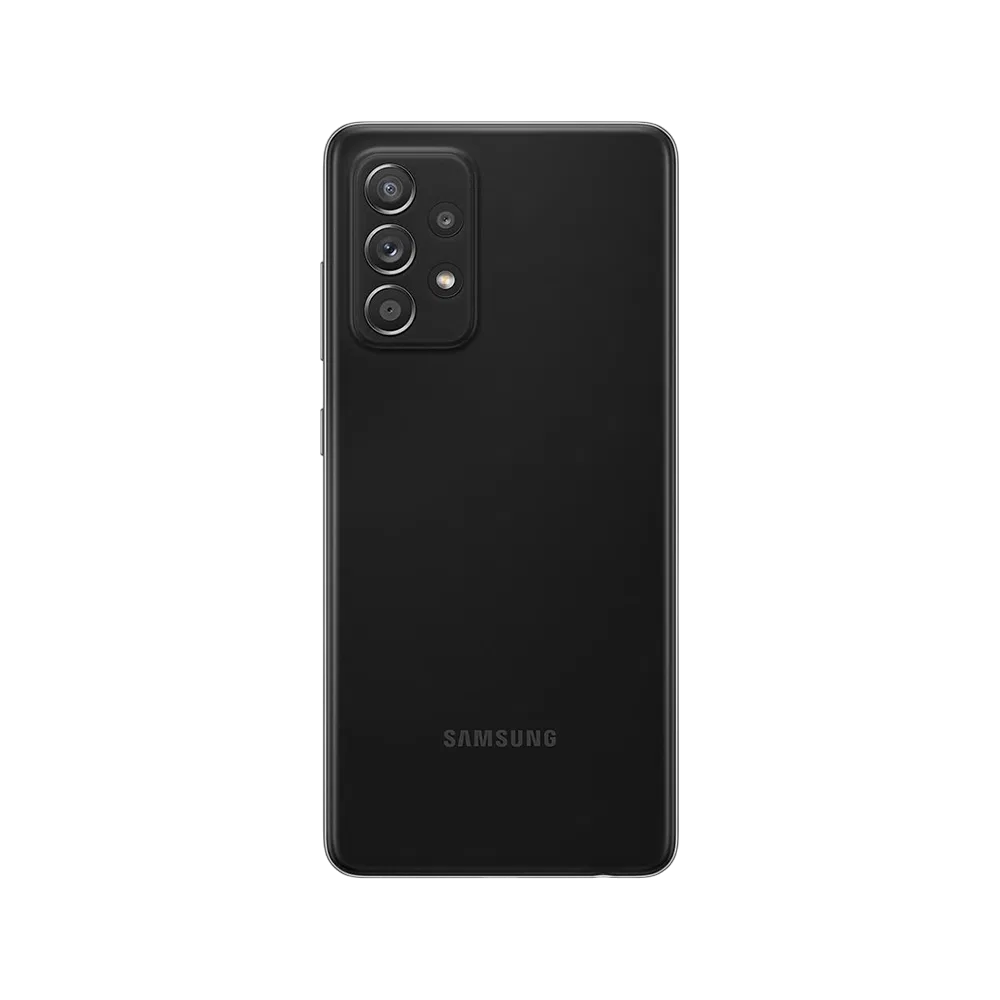 Siyah Samsung Galaxy A52 akıllı telefonun arka yüzü, dörtlü kamera modülü ve LED flaş detaylı tasarım