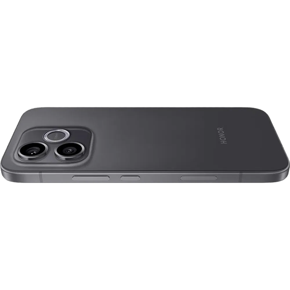 Siyah Honor 600 Lite akıllı telefonun arka yüzeyi, çift kamera modülü ve ince yan çerçevesiyle yandan görünümü