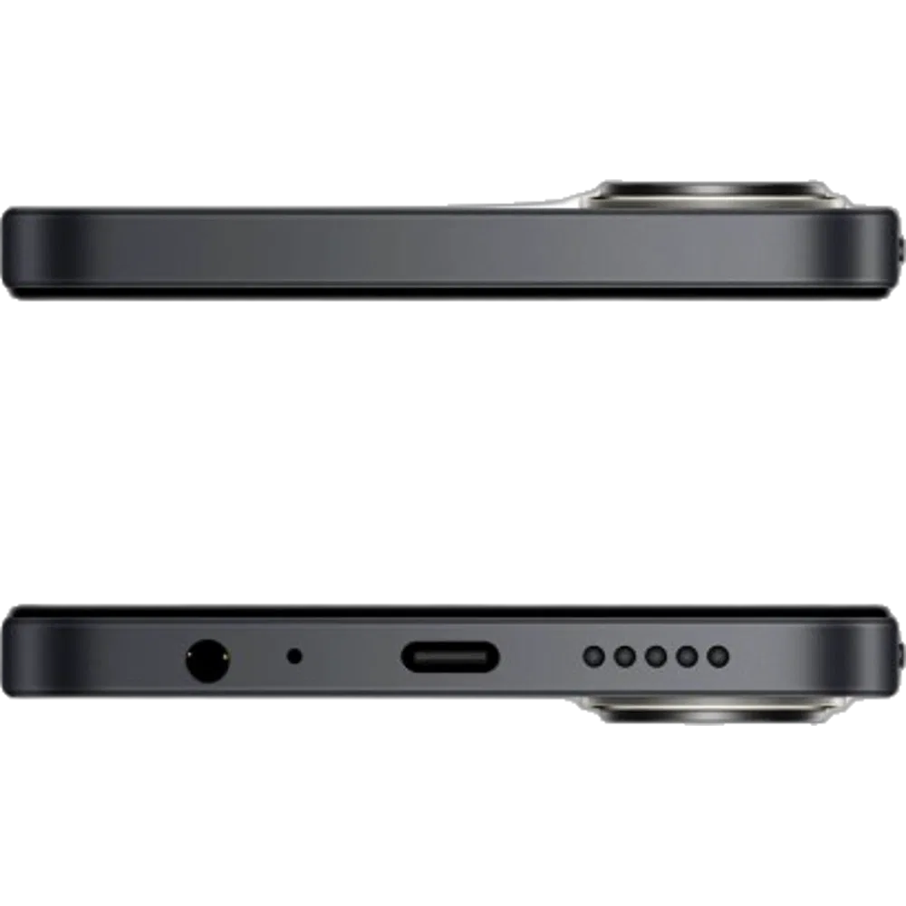 Siyah Xiaomi Redmi A7 Pro telefonun üst ve alt kenarları, bağlantı portları ve hoparlör ızgarasıyla gösteriliyor