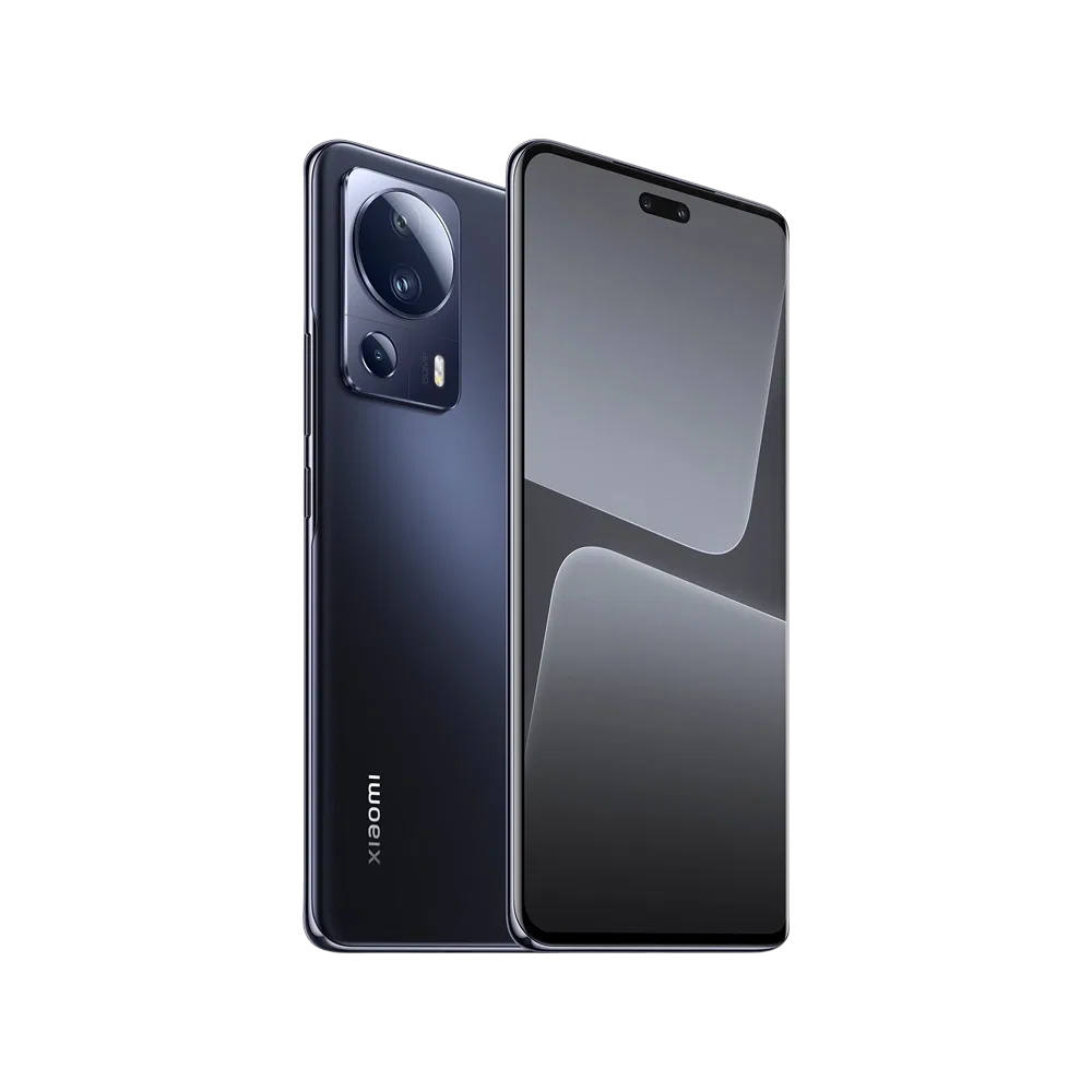 Xiaomi 13 Lite siyah akıllı telefon, ön ekran ve arka kamera modülü görünümüyle önden arkadan görünüm