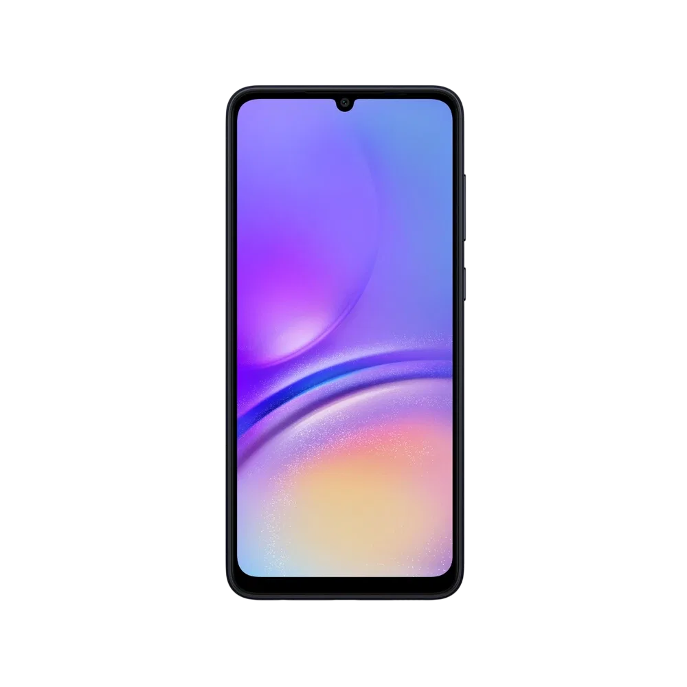 Samsung Galaxy A05 siyah akıllı telefonun önden görünümü, çentikli ekran ve ince çerçeve tasarımı