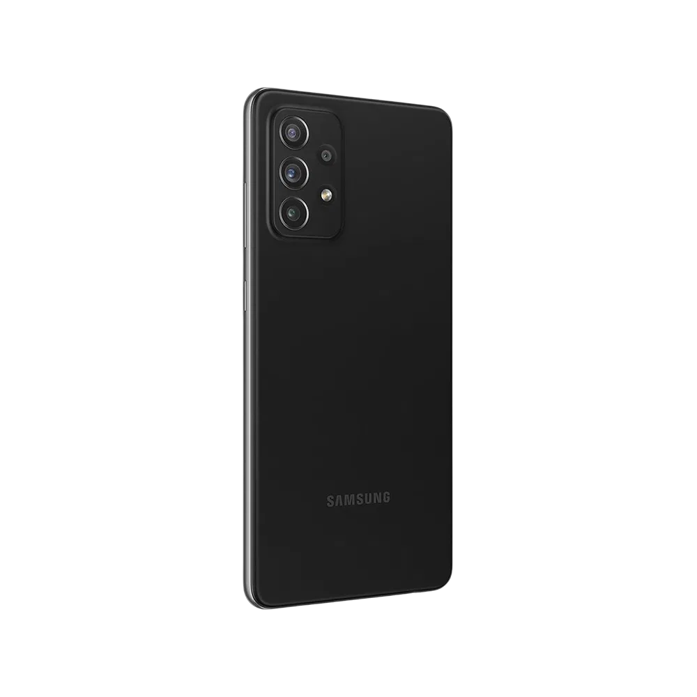 Siyah Samsung Galaxy A72 akıllı telefonun arka yüzü, çoklu kamera modülü ve Samsung logosu görünümü