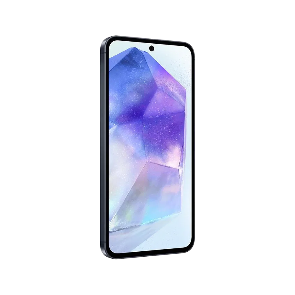 Siyah Samsung Galaxy A55 akıllı telefonun önden görünümü, ince çerçeveli ekran ve delikli ön kamera detaylı