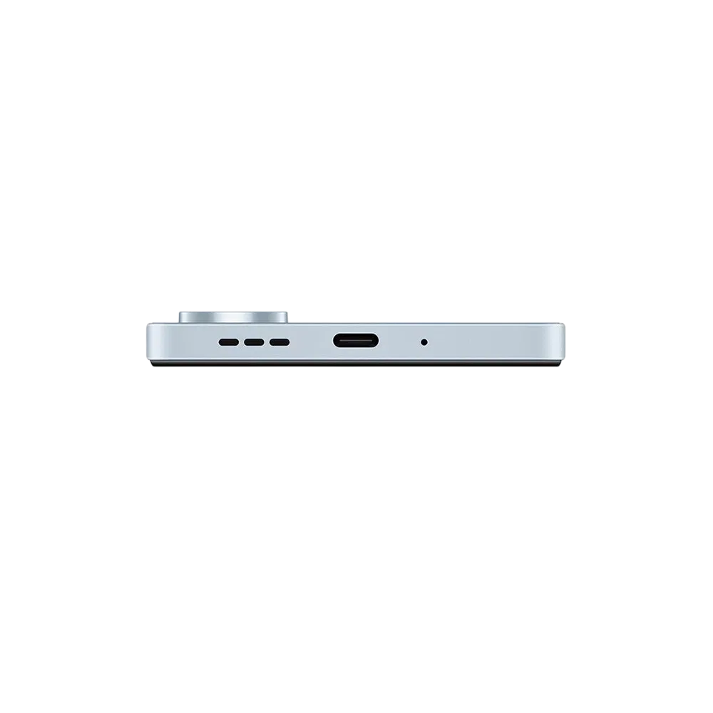 Xiaomi Redmi 13C beyaz akıllı telefonun alt kenarı; USB-C şarj girişi, hoparlör ve mikrofon detayları