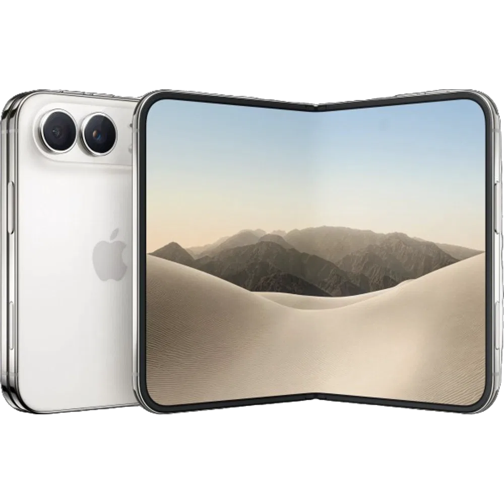 Apple iPhone Duo beyaz telefon, biri önden diğeri arkadan görünür; ekranda dağ ve kum tepeleri manzarası.