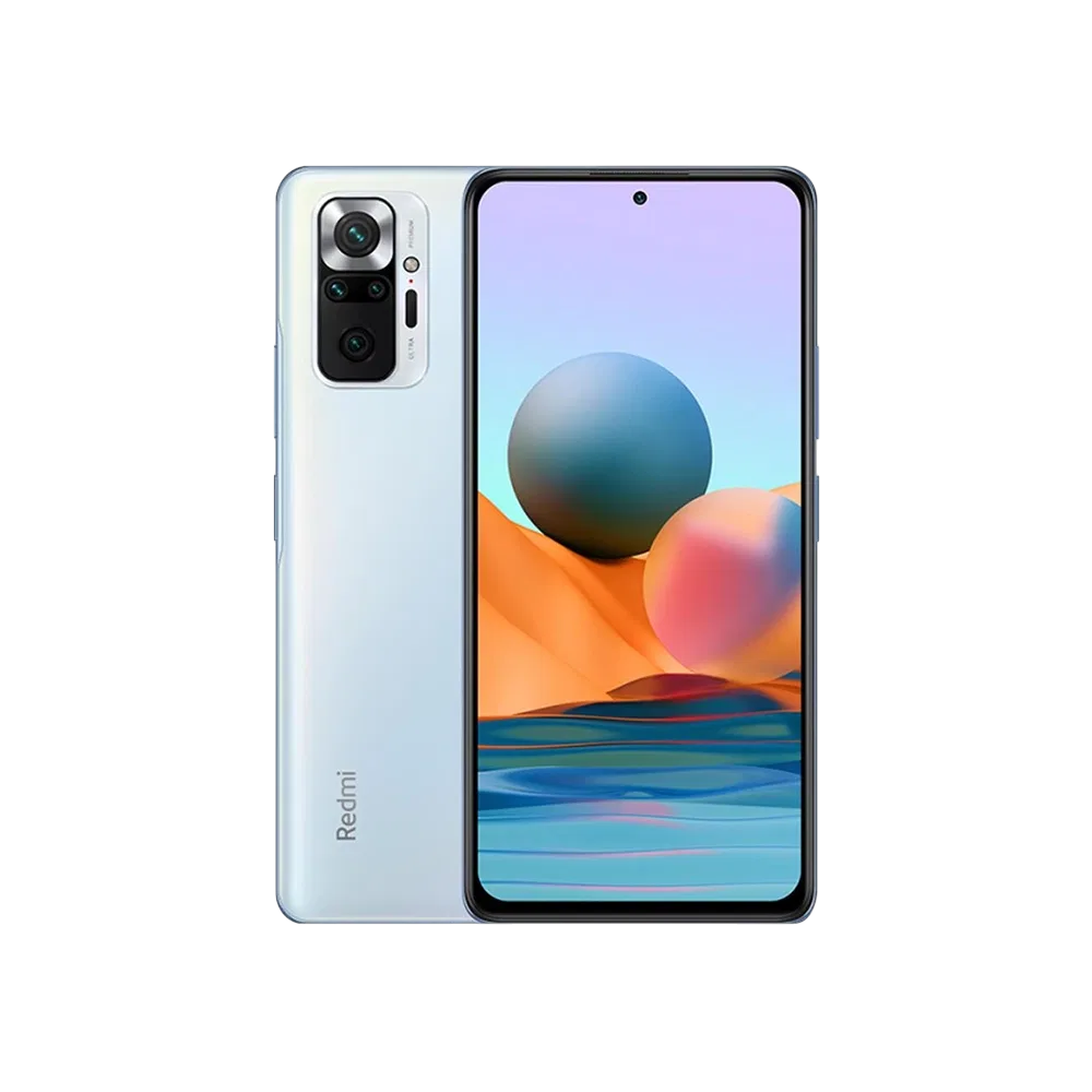 Xiaomi Redmi Note 10 Pro mavi akıllı telefon, ön ekran ve arka çoklu kamera modülüyle birlikte gösteriliyor
