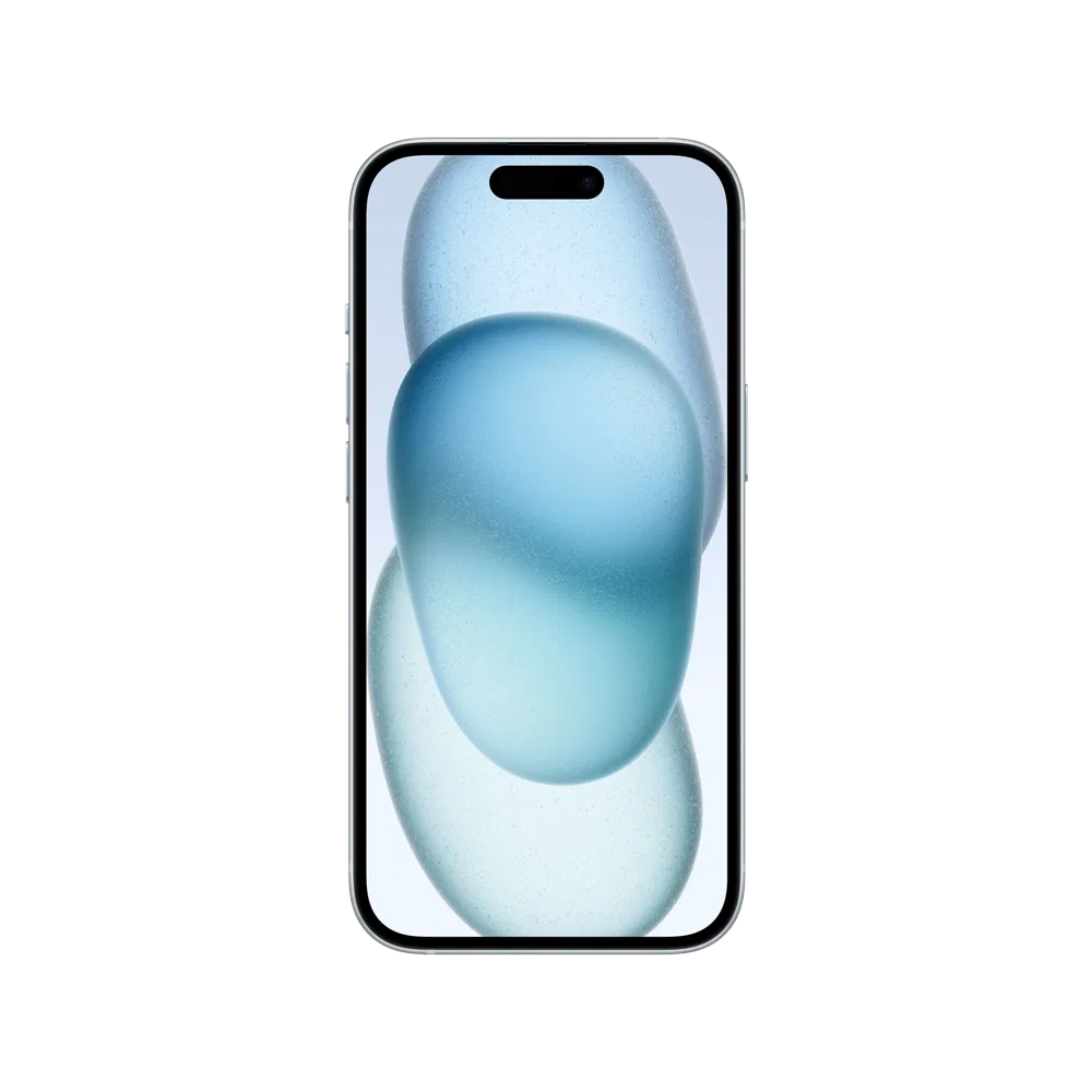 Apple iPhone 15 Plus mavi akıllı telefon, önden görünüm; ince çerçeve ve Dynamic Island ekran tasarımı
