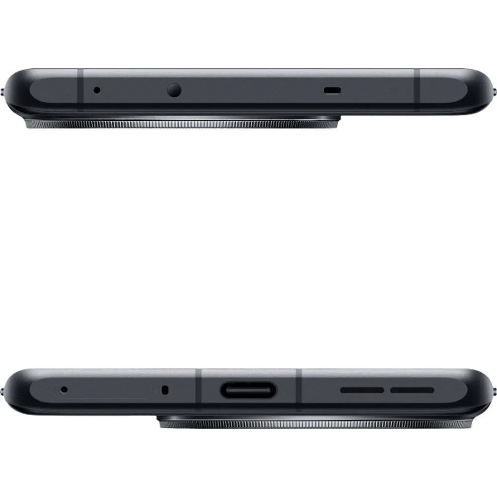 Gri OnePlus 12R akıllı telefonun üst ve alt kenar detayları, USB-C girişi, hoparlör ve mikrofon açıklıkları