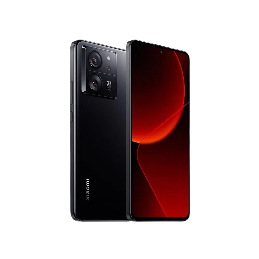 Xiaomi 13T siyah akıllı telefon, arka kamera modülü ve tam ekran ön yüz görünümüyle iki açıdan görünüm