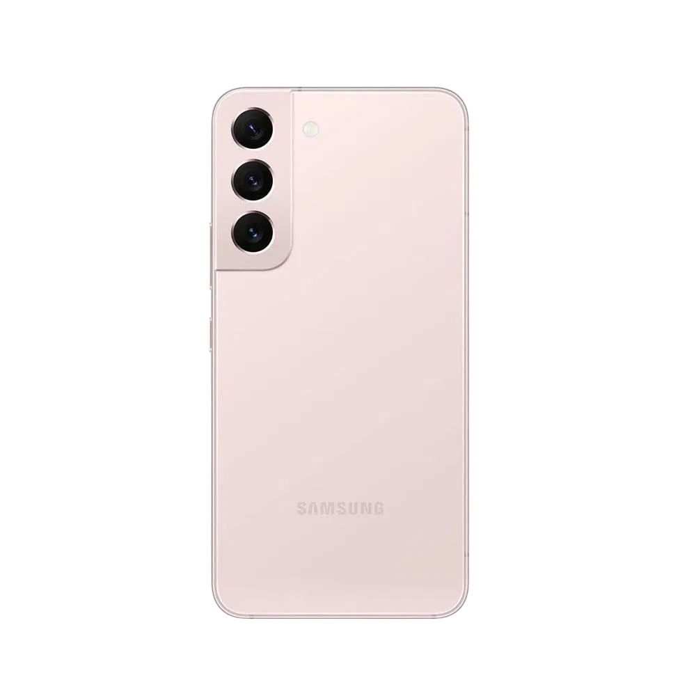 Samsung Galaxy S22 pembe akıllı telefonun arka yüzü, üçlü kamera modülü ve sade tasarım görünümü