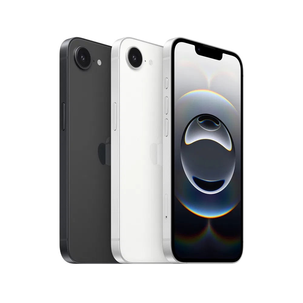 Apple iPhone 16e siyah akıllı telefonun ön ve arka tasarımını gösteren ürün çekimi