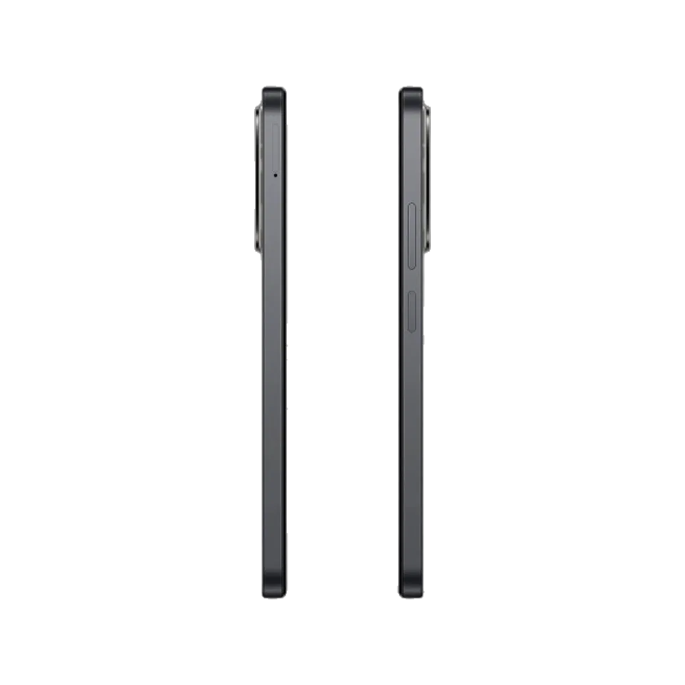 Xiaomi Redmi A7 Pro siyah telefonun ince yan profilleri ve düğme detayları siyah arka planda görülüyor