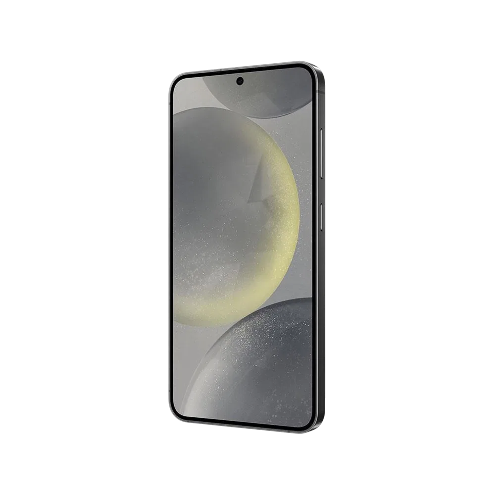Siyah Samsung Galaxy S24 akıllı telefon, önden görünüm; ince çerçeveli ekran ve orta delikli ön kamera detaylı
