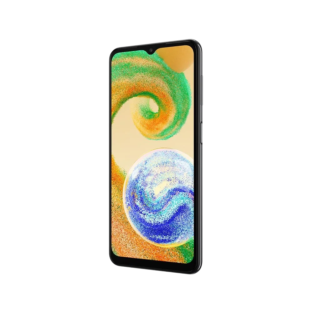 Samsung Galaxy A04s siyah akıllı telefon, önden ekran görünümü ve ince çerçeveli tasarım