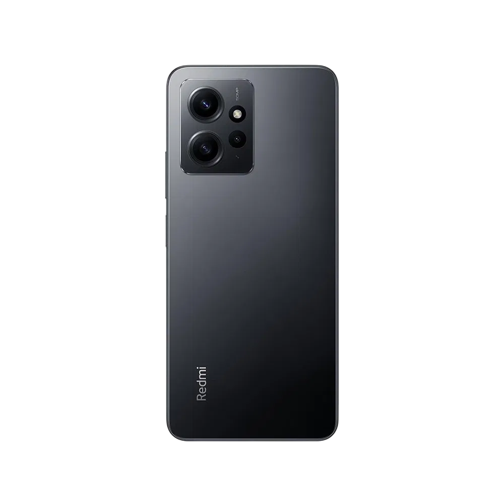 Xiaomi Redmi Note 12 siyah akıllı telefonun arka yüzü, çift kamera modülü ve LED flaş detayıyla