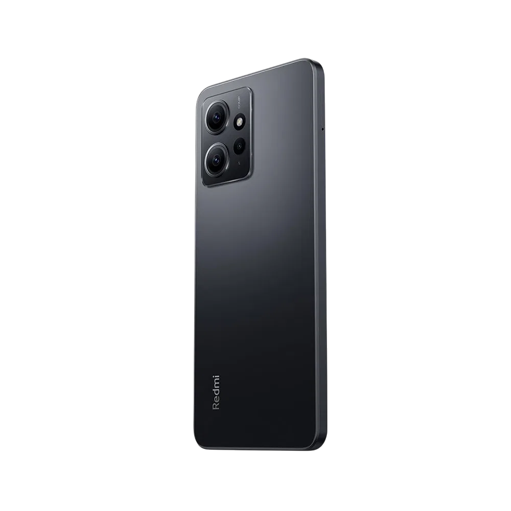 Xiaomi Redmi Note 12 siyah akıllı telefonun arka yüzü, üçlü kamera modülü ve düz kenarlı tasarım
