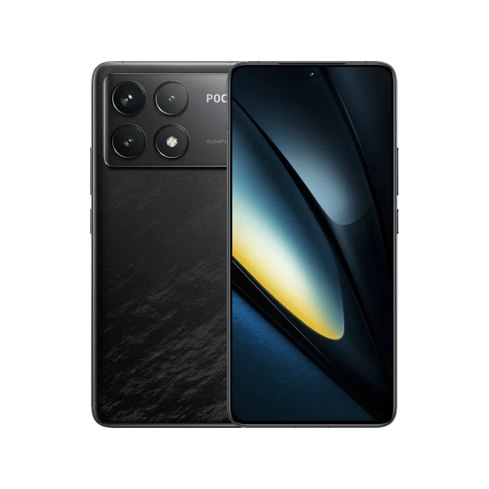Siyah Poco F6 Pro akıllı telefon, önden ekran ve arkada dörtlü kamera modülüyle ana ürün görünümü