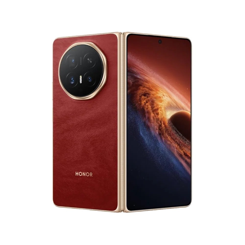 Honor Magic V6 kırmızı akıllı telefon, katlanabilir tasarım ve büyük ekranlı ön-arka görünüm, vitrin çekimi