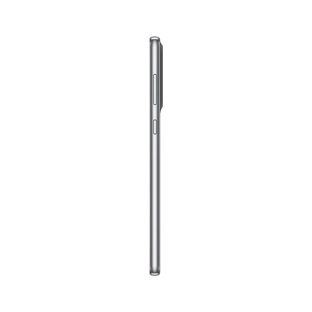 Samsung Galaxy A73 siyah akıllı telefonun yan profili, güç ve ses tuşları detaylı görünüm