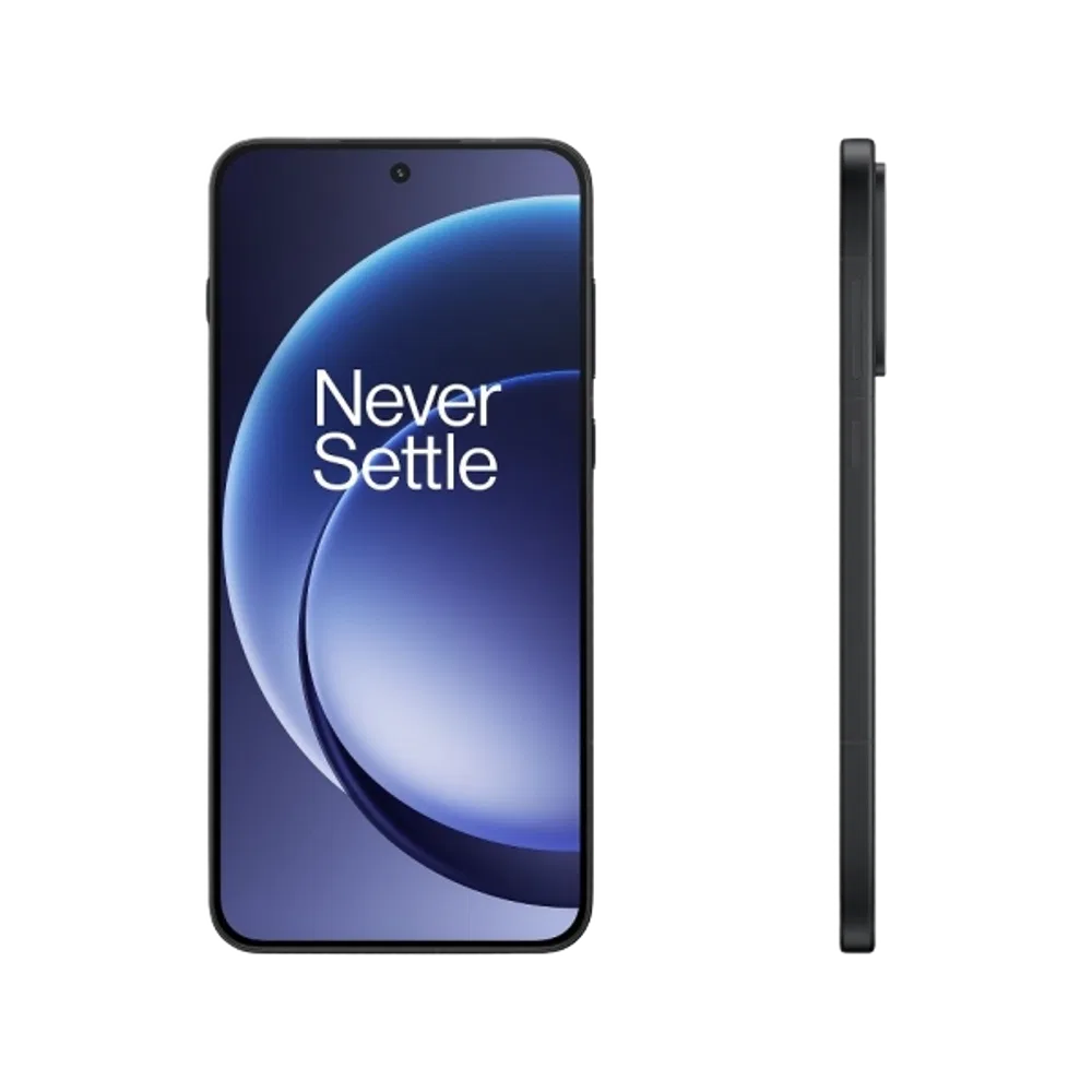 Siyah OnePlus 15r akıllı telefonun önden ekranı ve ince yan profili, düz çerçeve tasarımıyla gösteriliyor