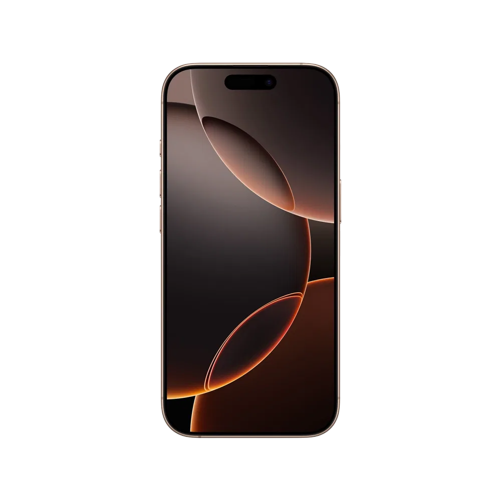 Apple iPhone 16 Pro akıllı telefon, Çöl Titanyum renkli, önden ekran ve ince çerçeve görünümü