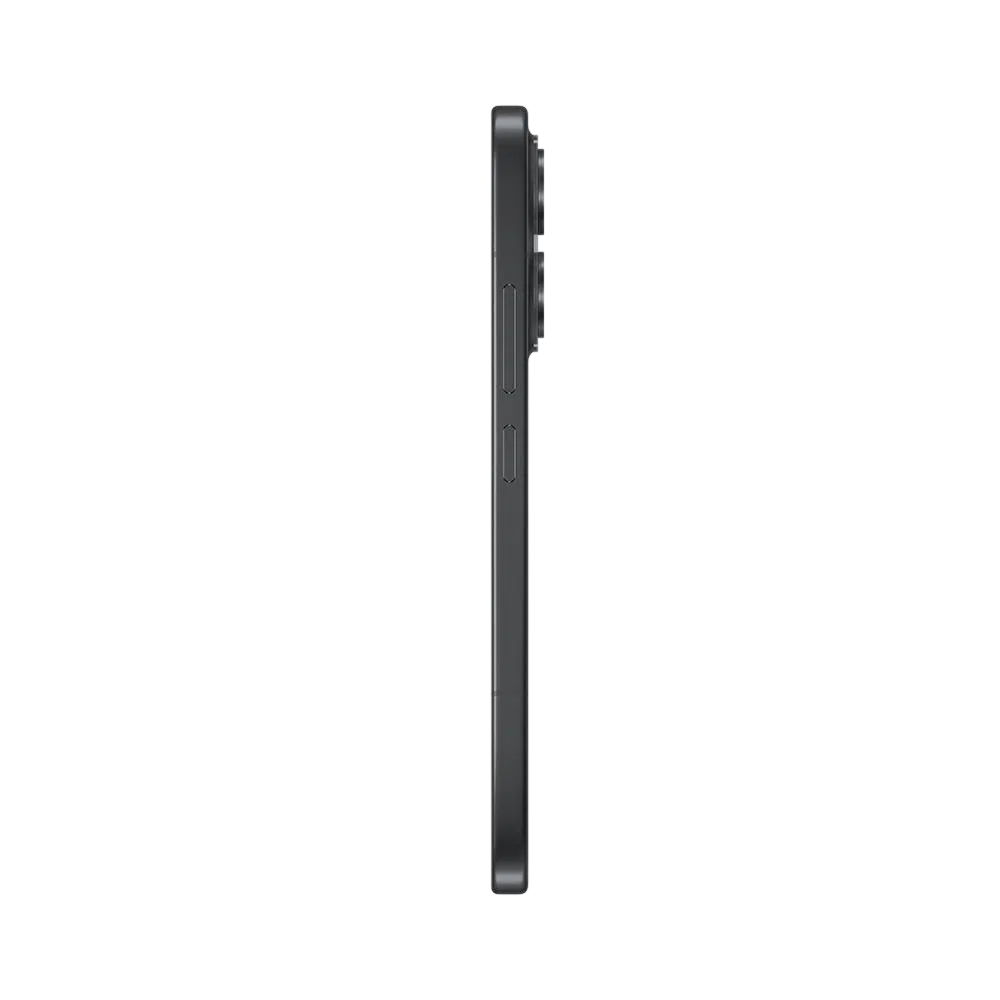 Xiaomi 17 siyah akıllı telefonun yandan görünümü, ince çerçeve ve yan tuş detaylarıyla gösterim