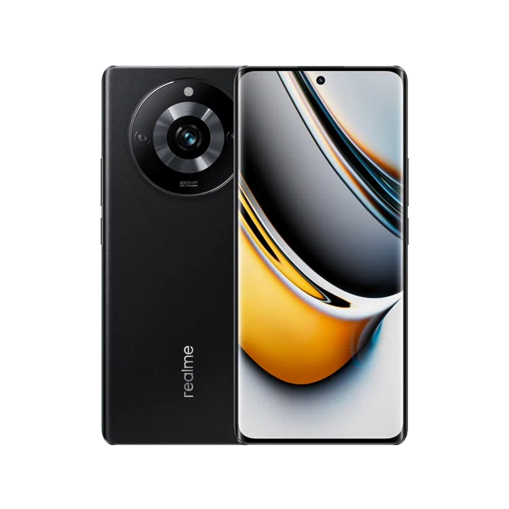 Realme 11 Pro siyah akıllı telefon, ön ekran ve arka kamera modülüyle vitrin görünümü