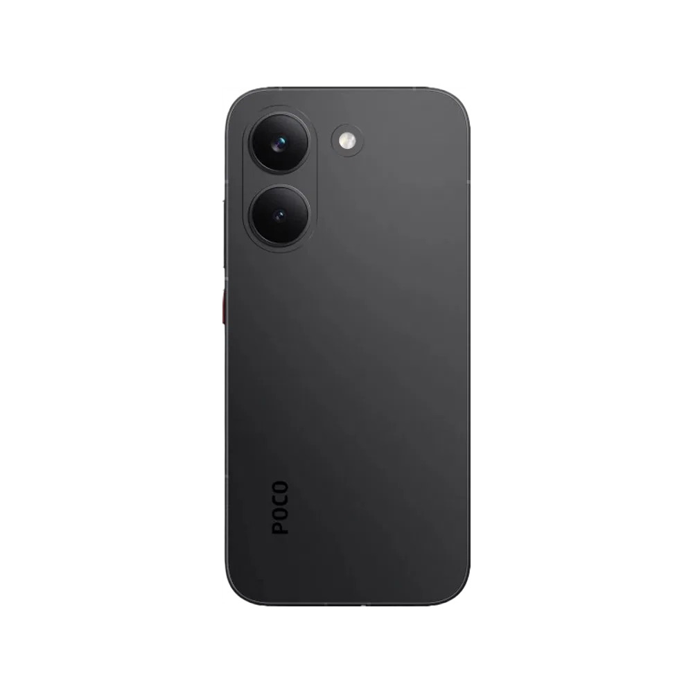 Siyah Poco X8 Pro akıllı telefonun arka yüzeyi, çift kamera modülü ve sade tasarımıyla önden görünüm