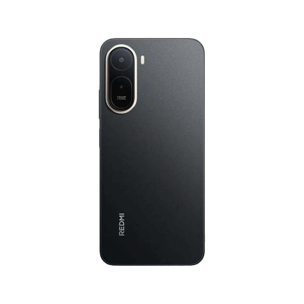 Siyah Xiaomi Redmi A7 Pro telefonun arka yüzü, dikey çift kamerası ve Redmi logosuyla birlikte.