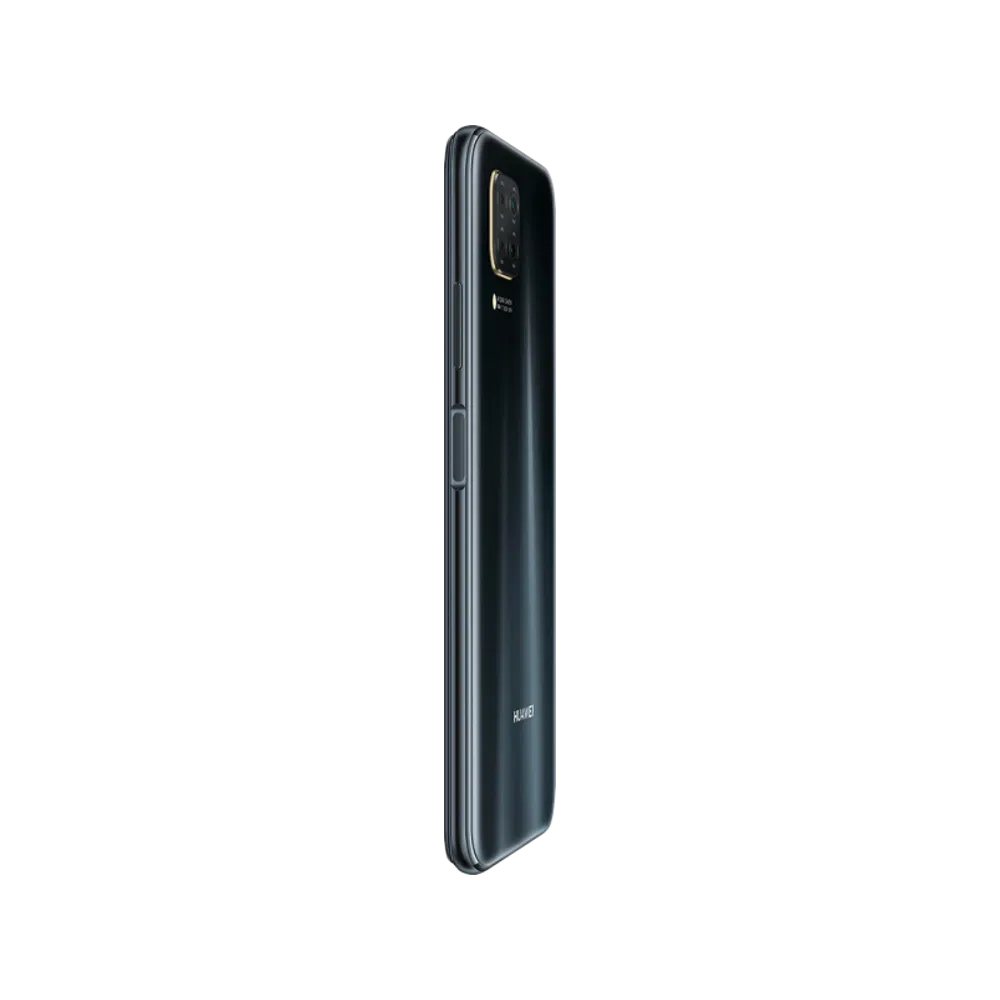 Huawei P40 Lite siyah akıllı telefonun yan profili ve arka kamera modülü görünümü