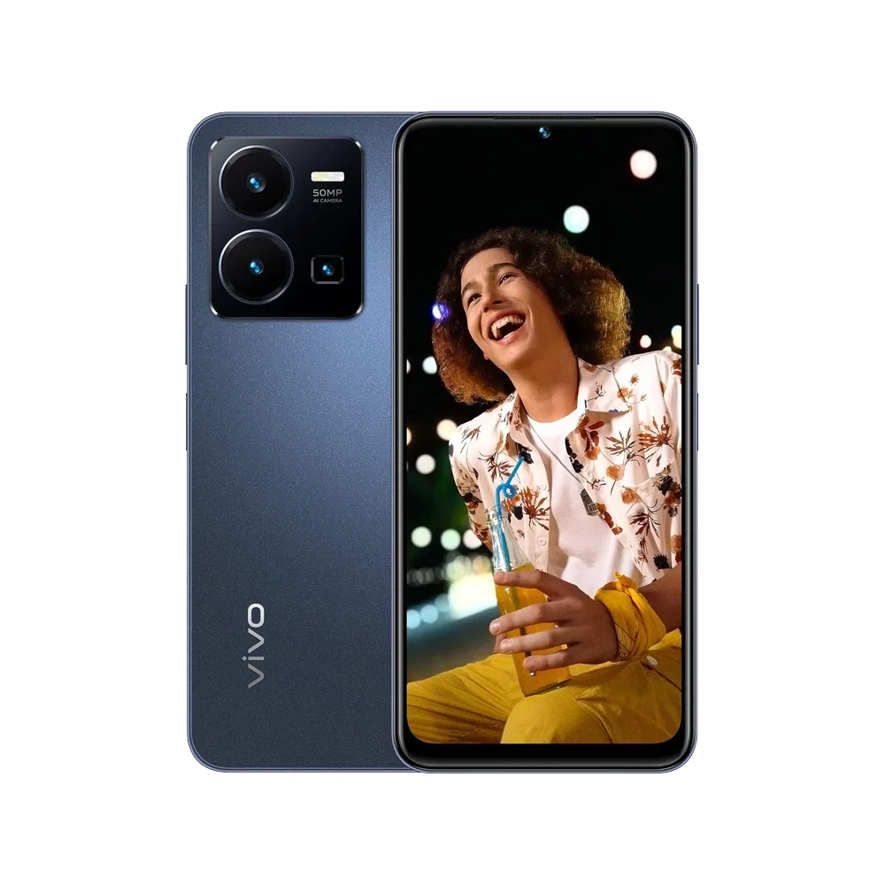 Vivo Y35 siyah akıllı telefon, arka kamera modülü ve tam ekran ön yüzüyle vitrin görünümü