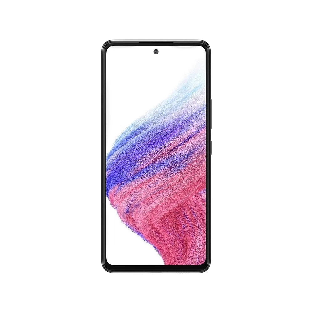 Samsung Galaxy A53 siyah akıllı telefon, önden görünüm; ince çerçeveli ekran ve ortada ön kamera deliği