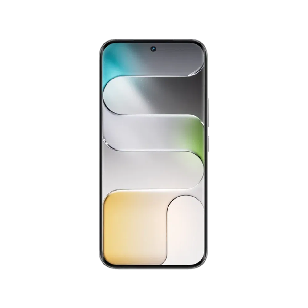 Tecno Camon Slim 5G beyaz telefon, ön yüzü ve renkli geometrik ekran tasarımıyla siyah fonda.