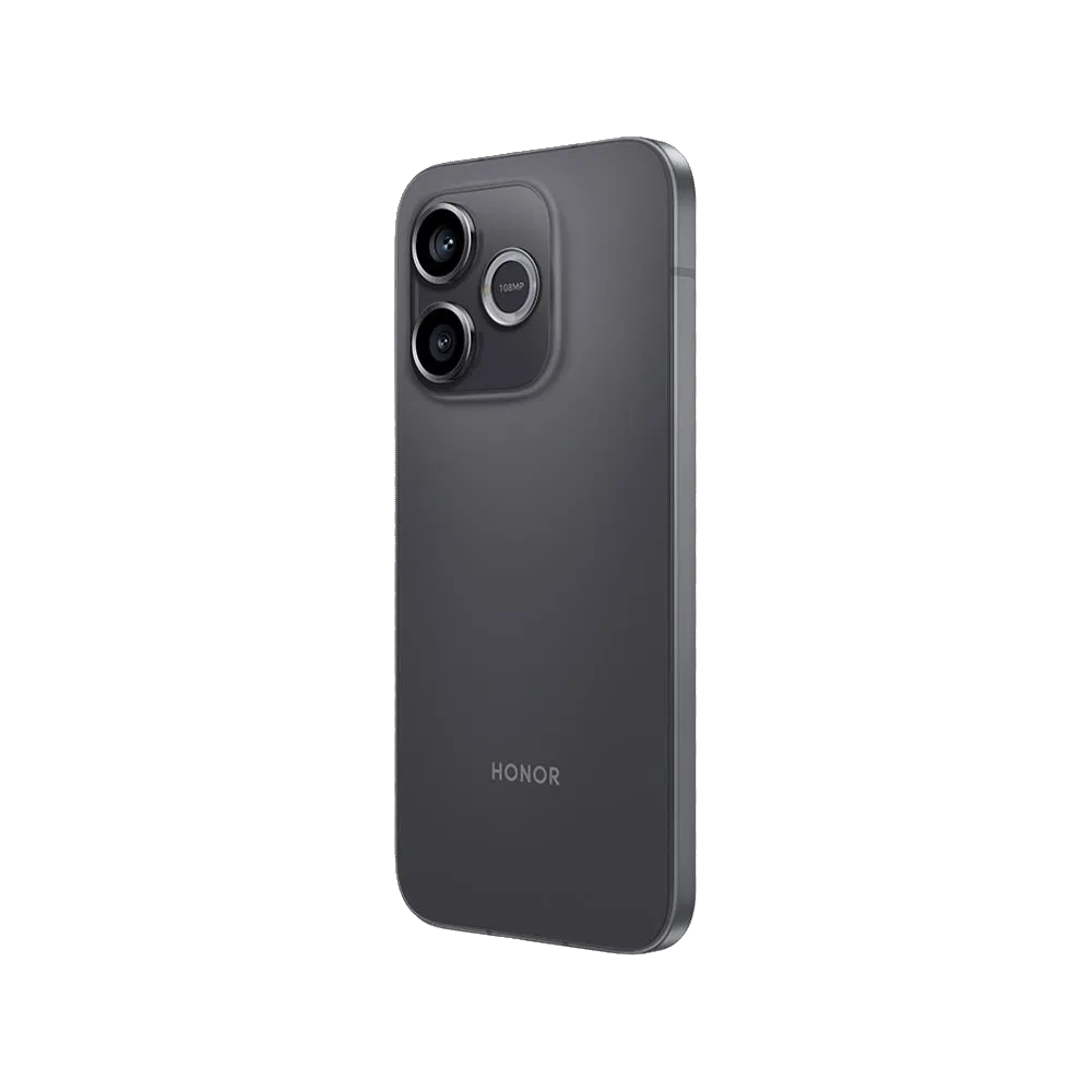 Siyah Honor 600 Lite akıllı telefonun arka yüzeyi, çift kamera modülü ve ince kenarlı tasarımı