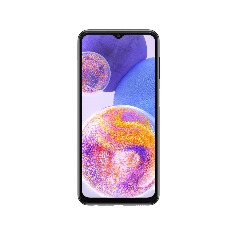 Siyah Samsung Galaxy A23 akıllı telefonun önden görünümü, çentikli ekran ve renkli duvar kâğıdıyle