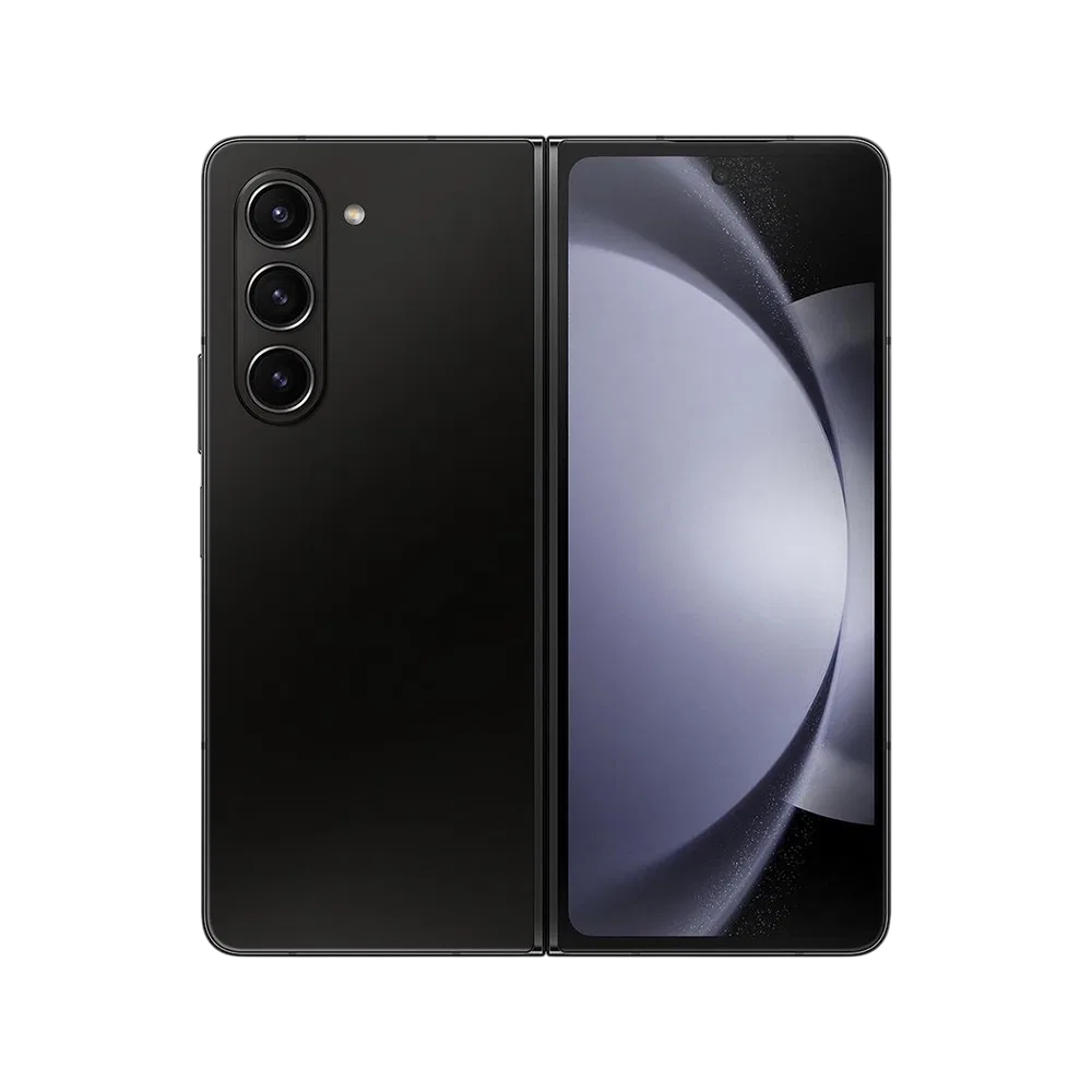Siyah Samsung Galaxy Z Fold5 akıllı telefon, katlanabilir tasarım ve üçlü arka kamera görünümü