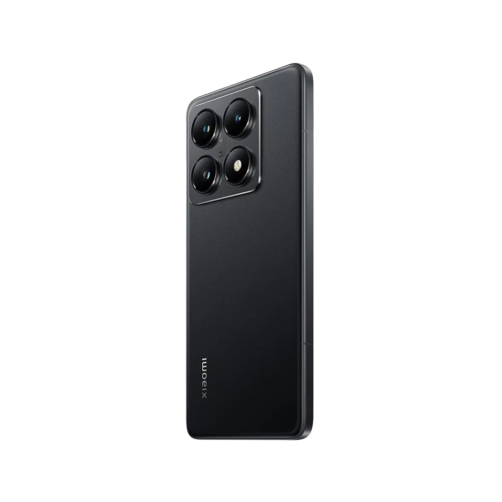 Xiaomi 14T Pro siyah akıllı telefon, arka yüzey ve dört lensli kamera modülüyle açılı görünüm