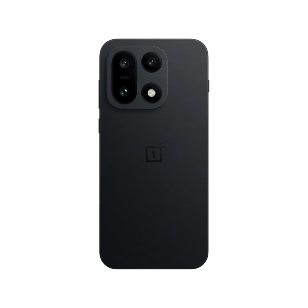 Siyah OnePlus 15 akıllı telefonun arka yüzeyi, büyük kamera modülü ve sade tasarımıyla önden görünüm