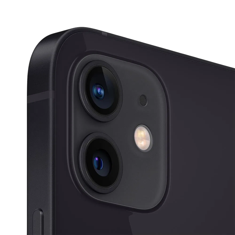 Siyah Apple iPhone 12 Mini akıllı telefonun arka çift kamerası ve flaş detayı, yakın plan görünüm
