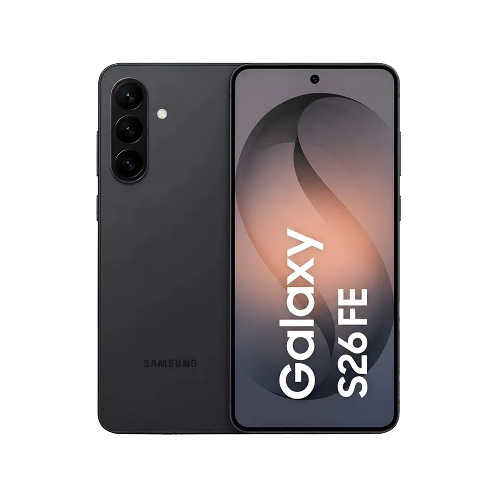 Samsung Galaxy S26 FE siyah akıllı telefon, arkadan ve önden görünümle tasarım detayları vurgulanıyor