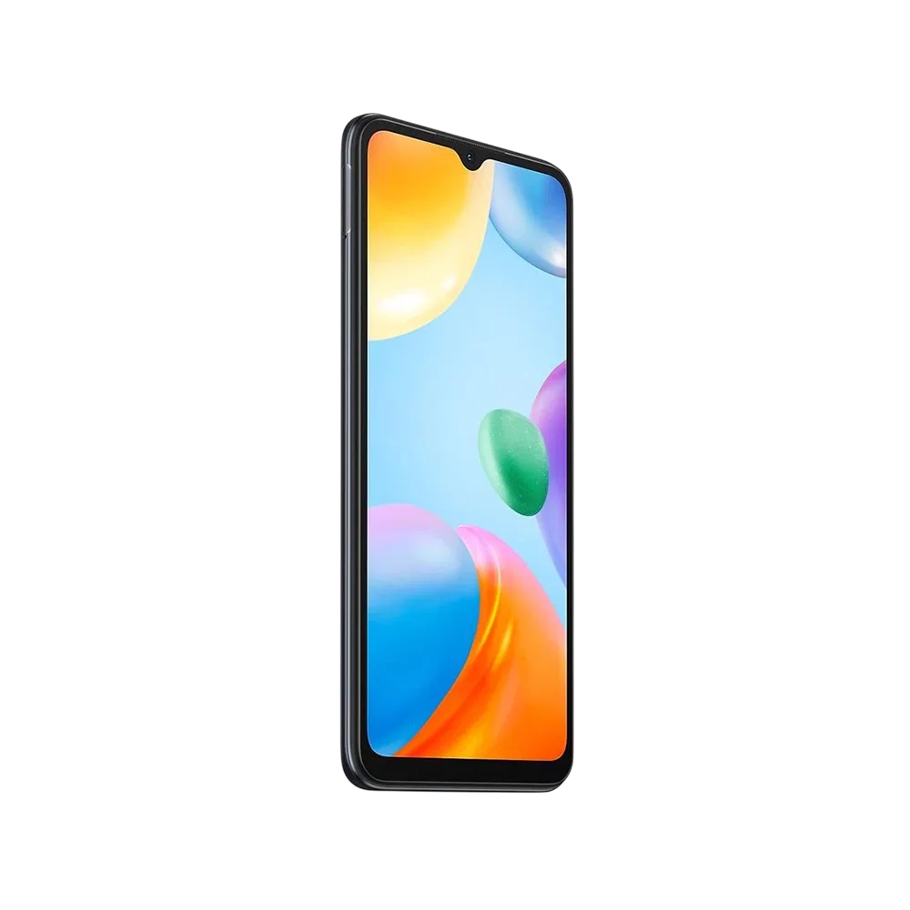 Xiaomi Redmi 10C siyah akıllı telefon, önden görünüm, damla çentikli geniş ekran tasarımı