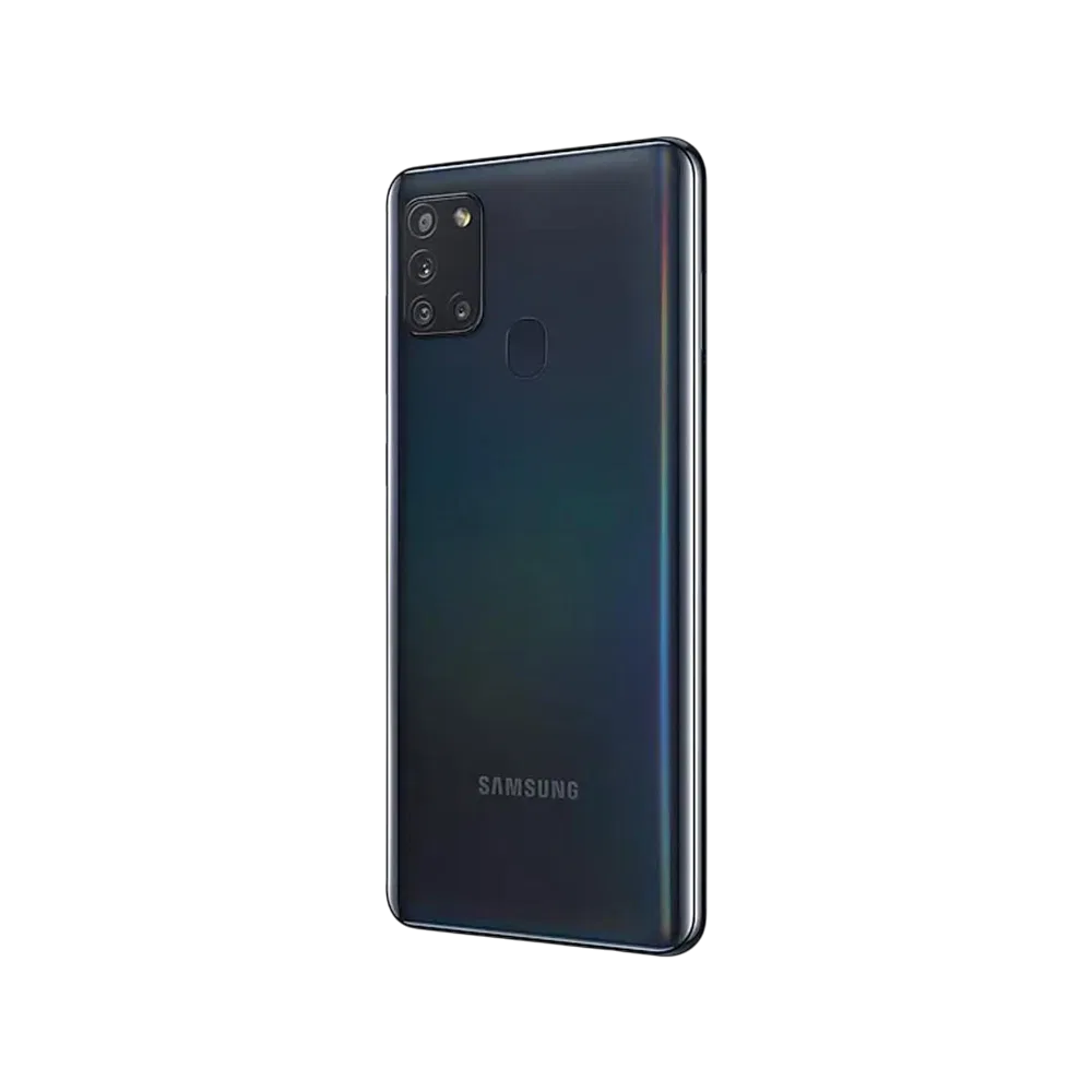Samsung Galaxy A21s siyah akıllı telefon, arka yüzeyde dörtlü kamera ve parmak izi sensörü görünümü