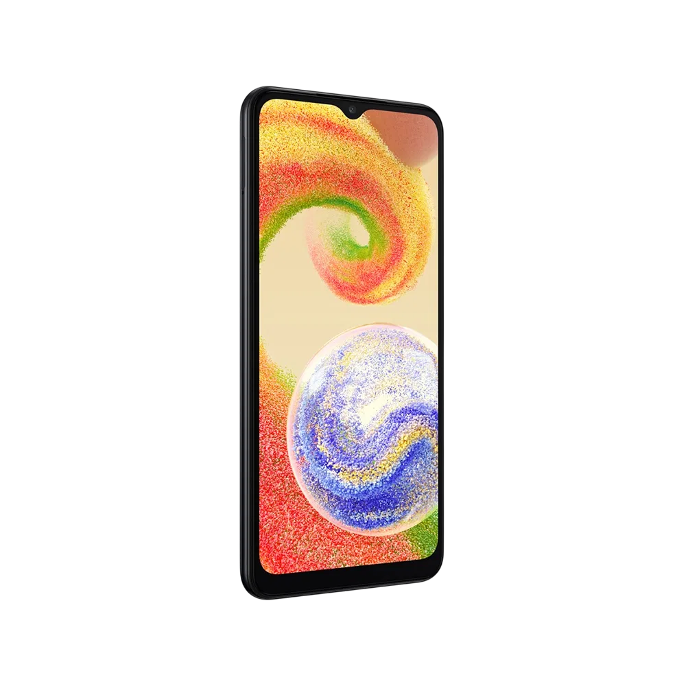 Samsung Galaxy A04 siyah akıllı telefon, önden görünüm, geniş ekran ve damla çentik tasarımı