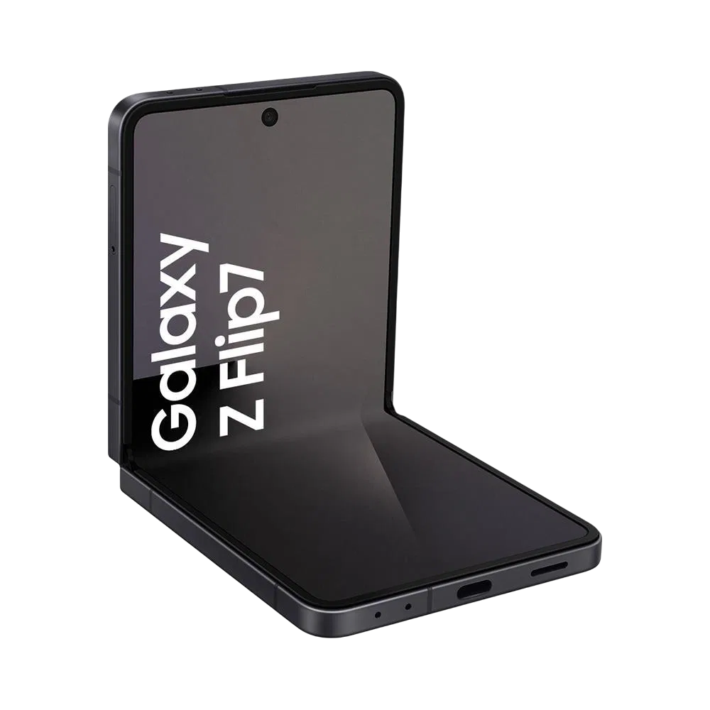 Siyah Samsung Galaxy Z Flip7 katlanabilir akıllı telefon, açık konumda ekran ve menteşe detayıyla görünüm