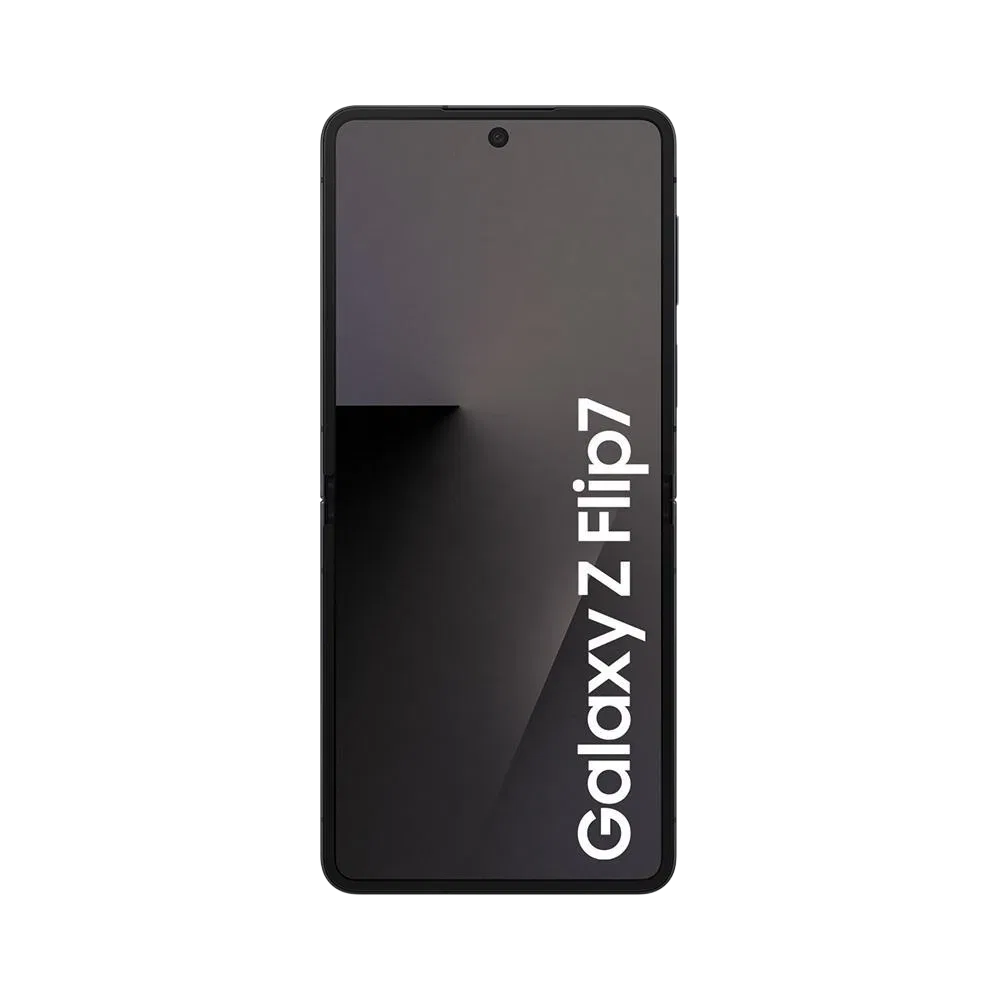 Samsung Galaxy Z Flip7 siyah akıllı telefon, önden ekran görünümü ve ince çerçeve tasarımı