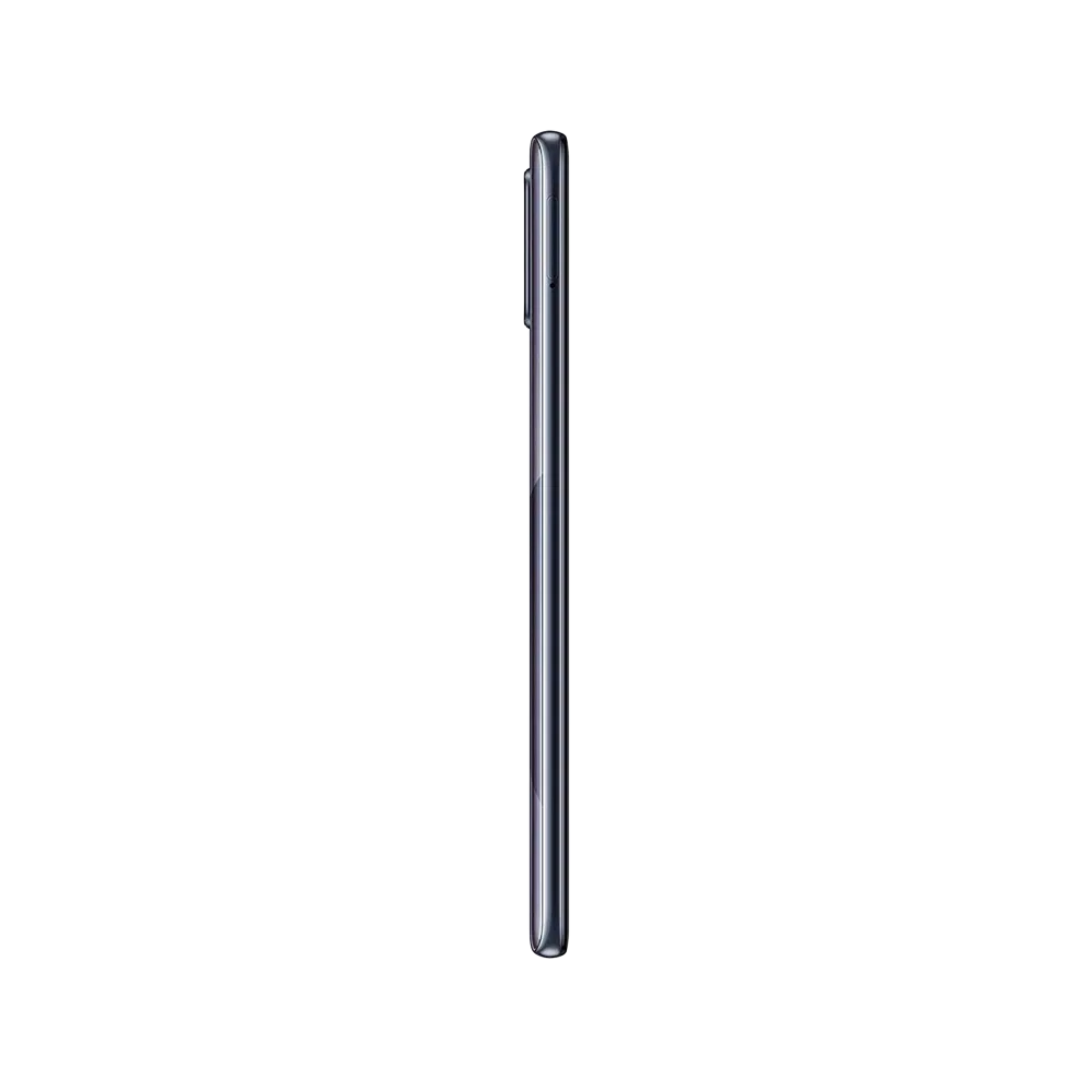 Samsung Galaxy A71 siyah akıllı telefonun yandan görünümü, ince gövde ve yan tuş detaylarıyla